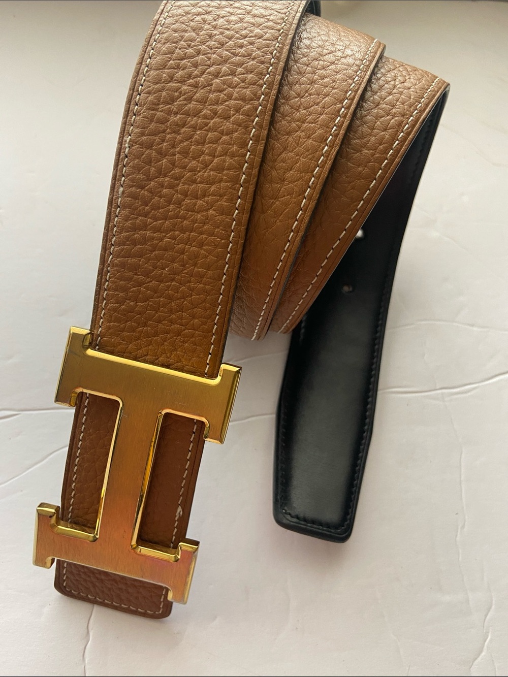 Hermes Paris Reversible Tan and Black Leather Belt with Gold H Buckle France